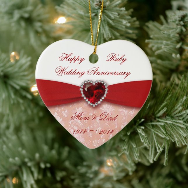 Ornement Cœur En Céramique Damask 40e anniversaire Mariage Design (Arbre)