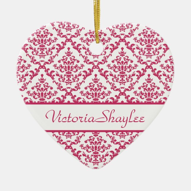 Ornement Cœur En Céramique Damask rose #4 personnalisable (Devant)