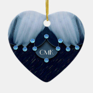 Ornement Cœur En Céramique Diamants bleus givrés et plumes