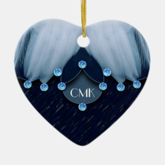 Ornement Cœur En Céramique Diamants bleus givrés et plumes