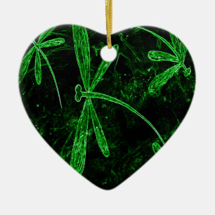 Ornement Cœur En Céramique Dragonlies Neon Green
