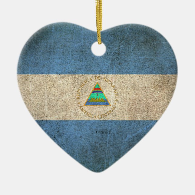 Ornement Cœur En Céramique Drapeau affligé par cru du Nicaragua (Devant)