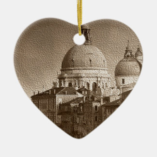 Ornement Cœur En Céramique Effet Papier Sepia Venise Grand Canal