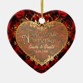 Ornement Cœur En Céramique Élégance de la Rose rouge - 50e anniversaire