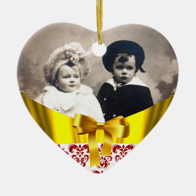 ORNEMENT CŒUR EN CÉRAMIQUE ÉLÉGANT MODÈLE PHOTO BLANC ROUGE DAMASK RIBBON (Devant)