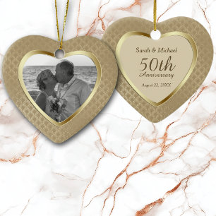 Ornement Cœur En Céramique Élégant Motif Anniversaire d'or