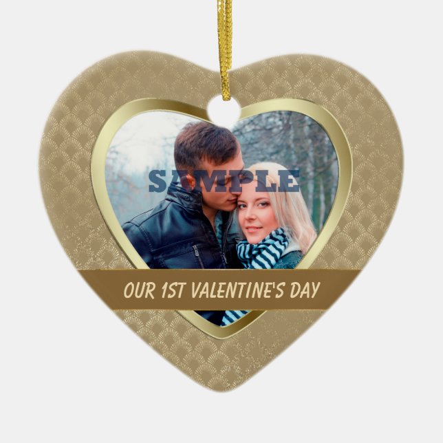 Ornement Cœur En Céramique Elégant Motif Or Notre Premier Ornament Valentin (Devant)