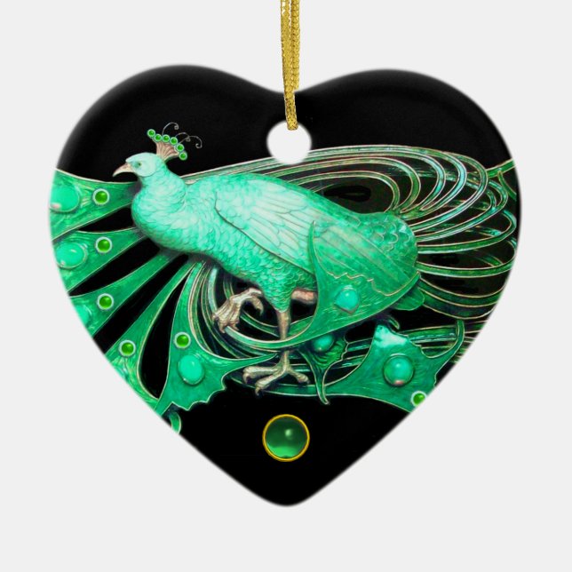 ORNEMENT CŒUR EN CÉRAMIQUE ELÉGANT PEACOCK DANS LE COEUR JADE VERT (Devant)