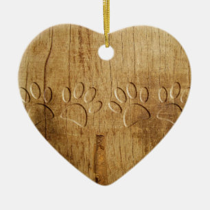 Ornement Cœur En Céramique Empreinte de patte de chien en bois sculpté