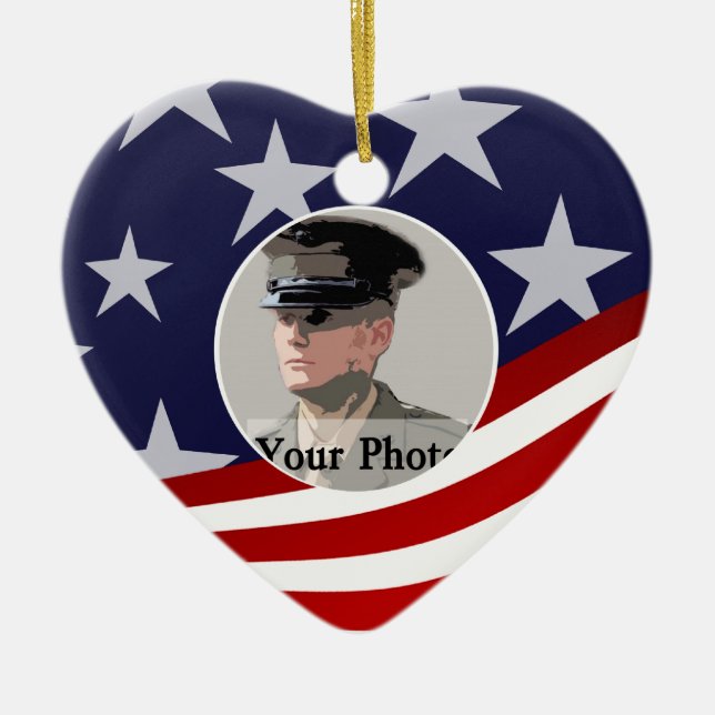 Ornement Cœur En Céramique Étoiles et rayures USA / Prière militaire (Devant)