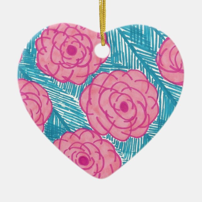 Ornement Cœur En Céramique Feuilles et fleurs de palmiers tropicaux (Devant)