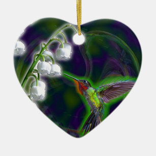 Ornement Cœur En Céramique Fleurs de colibri et de muguet