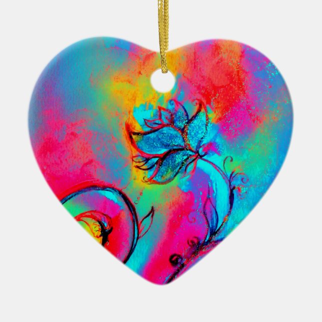 Ornement Cœur En Céramique FLEURS FANTAISISTES rose jaune violet, bleu sarcel (Devant)