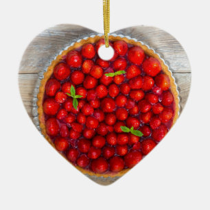 Ornement Cœur En Céramique Gâteau aux fraises avec feuilles à la menthe sur b
