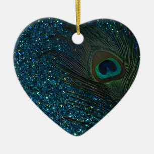 Ornement Cœur En Céramique Glitter Aqua Peacock