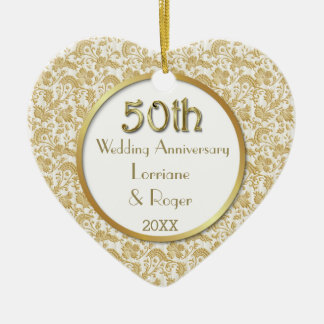 Ornement Cœur En Céramique Gold Floral Elegance 50e anniversaire Mariage