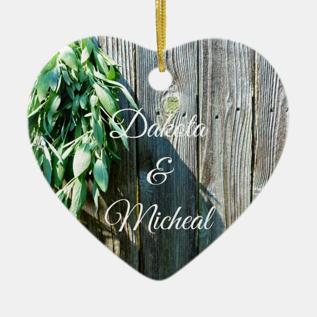 Ornement Cœur En Céramique Herbes vertes botaniques à grains de bois affaissé (Devant)