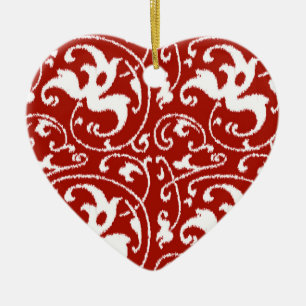 Ornement Cœur En Céramique Ikat Floral Damask - Rouge foncé et blanc