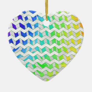 Ornement Cœur En Céramique Imprimé chevron zèbre arc-en-ciel et blanc