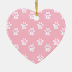 Ornement Cœur En Céramique Joli motif de patte blanche sur fond rose