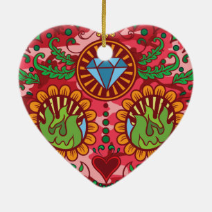 Ornement Cœur En Céramique Jour mexicain rose de Camo du crâne mort de sucre