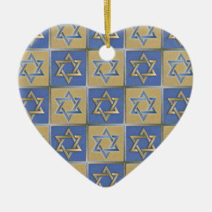Ornement Cœur En Céramique Judaïque Star Of David Metal Gold Blue