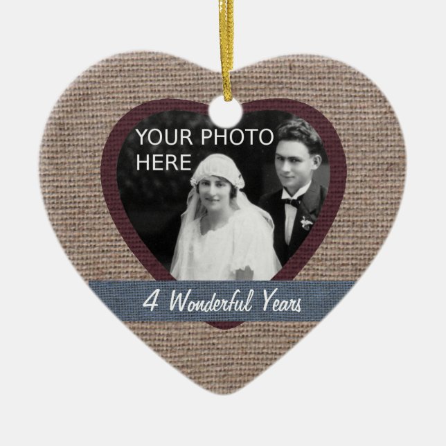 Ornement Cœur En Céramique "Linen" Look 4ème anniversaire Mariage (Devant)