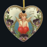 Ornement Cœur En Céramique LOVE CUPID WITH HEART AND PANSIES  Valentine's Day<br><div class="desc">Elegant vintage heart with flowers and cupid for Valentine's Day.</div>