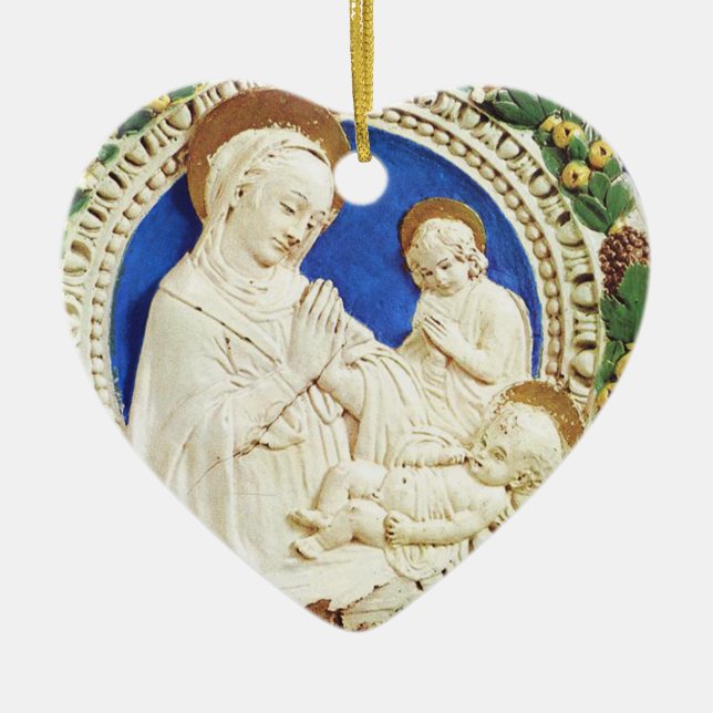 Ornement Cœur En Céramique MADONNA AVEC ENFANT Rond Bleu Sapphire Coeur (Devant)