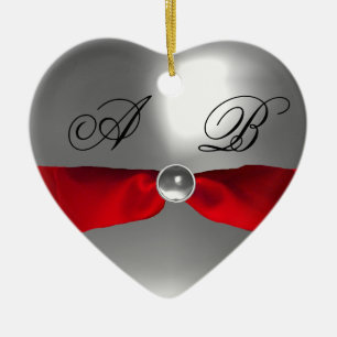 ORNEMENT CŒUR EN CÉRAMIQUE MONOGRAMME EN PIERRE ROUGE BLANC RIBBON GEM
