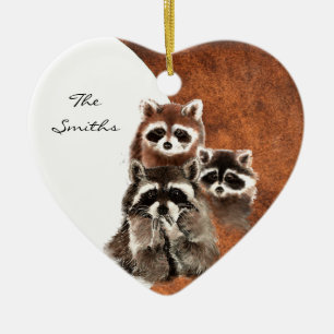 Ornement Cœur En Céramique Monogramme familial personnalisé, animal raccoon