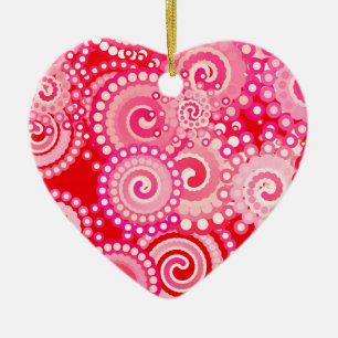 Ornement Cœur En Céramique Motif tourbillon fractal, rouge et rose chaud