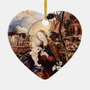 ORNEMENT CŒUR EN CÉRAMIQUE NATIVITÉ AVEC DES LILLES BLANCHES - MAGIE DE NOËL