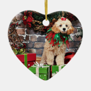 Ornement Cœur En Céramique Noël - caniche - chariot