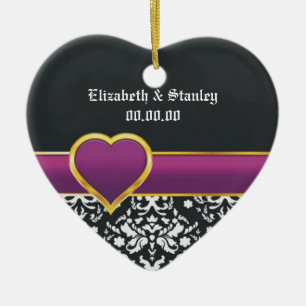 Ornement Cœur En Céramique Noir blanc damassé mauve coeur Enregistrer la date