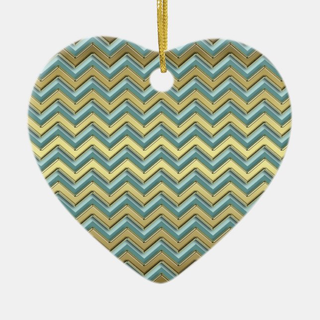 Ornement Cœur En Céramique Or et Turquoise Motif Chevron (Devant)