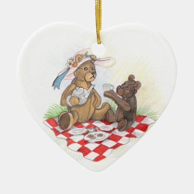Ornement Cœur En Céramique Ours de nounours Picnic~ornament (Devant)