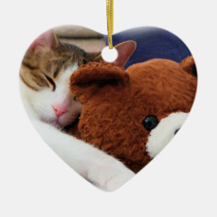 Ornement Cœur En Céramique Ours de nounours somnolent de chat