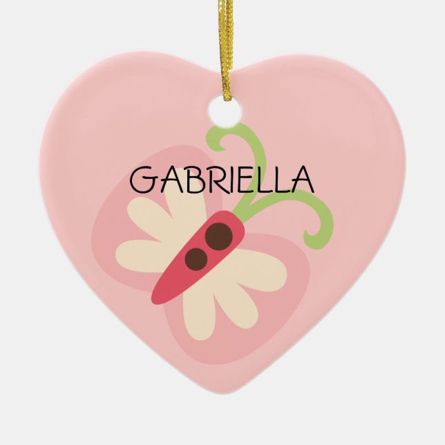 Ornement Cœur En Céramique Papillon rose avec le coeur nommé (Devant)