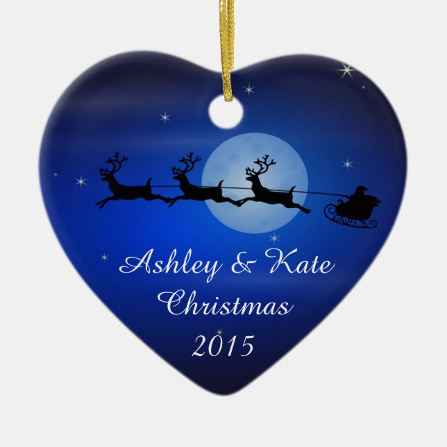 Ornement Cœur En Céramique Père Noël et silhouette de renne (Devant)