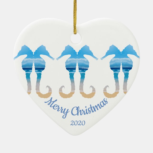 Ornement Cœur En Céramique Personnalisé Dated Christmas Beach Scène Sea Hores (Dos)