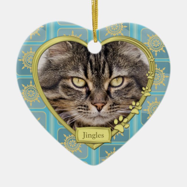 Ornement Cœur En Céramique Pet Cat Memorial Blue Gold Heart Photo Noël (Devant)