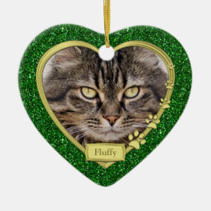 Ornement Cœur En Céramique Pet Cat Memorial Green Gold Heart Photo Noël