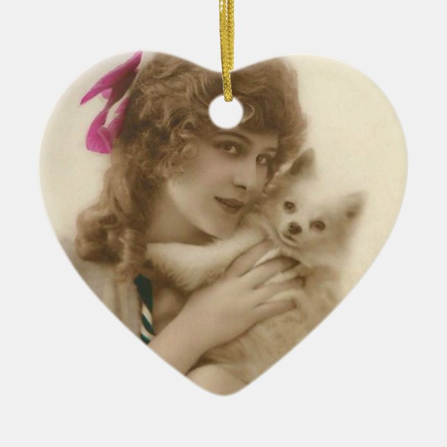 Ornement Cœur En Céramique Photo antique Victorian Woman and Dog (Devant)