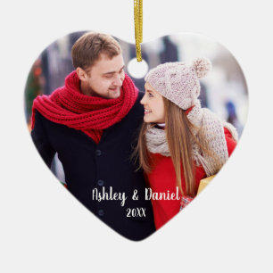 Ornement Cœur En Céramique Photo de Noël Couple Coeur rouge Flocon de neige R