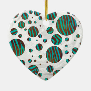 Ornement Cœur En Céramique Polka Dot Zebra Brown et Turquoise