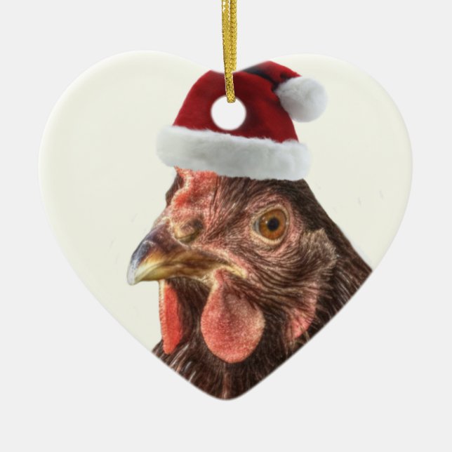 Ornement Cœur En Céramique Poulet de casquette de Père Noël (Devant)