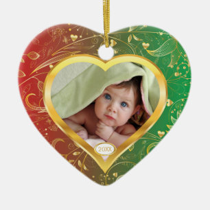 Ornement Cœur En Céramique Premier vert de coeur d'ornement de photo de Noël