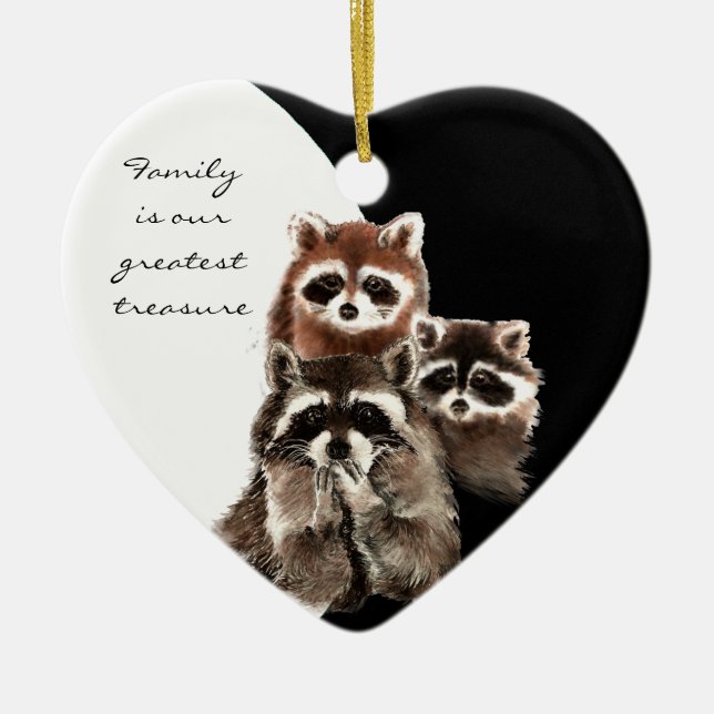 Ornement Cœur En Céramique Quote de famille Dé Aquarelle Raccoon Animal (Devant)