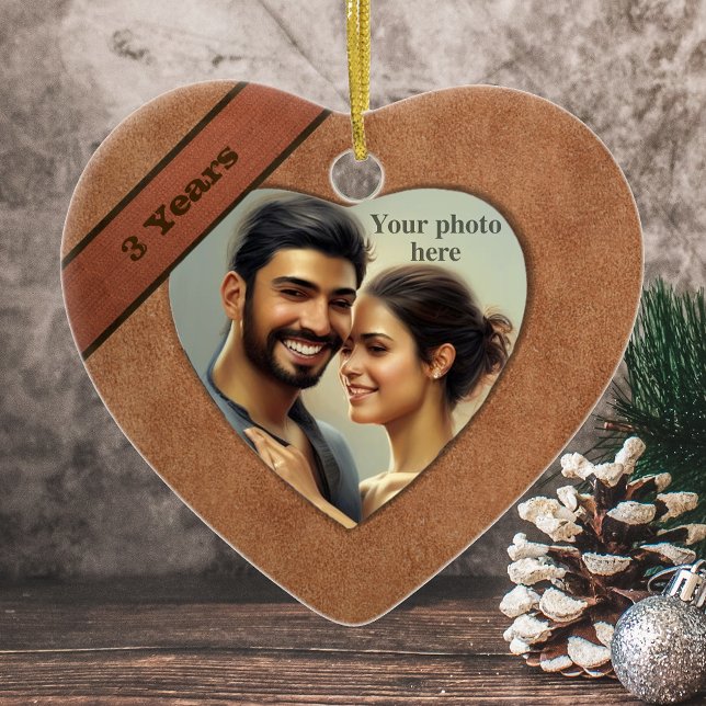 Ornement Cœur En Céramique Regarder le cuir 3e anniversaire : Ajouter votre p (Créateur téléchargé)